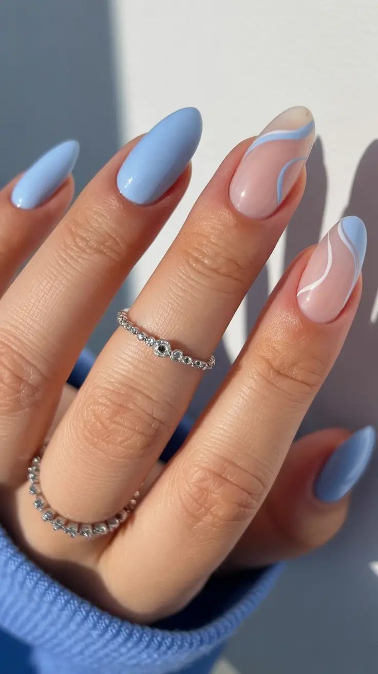 Light Blue Nude Wavy Line Art — Blue Nail Inspo