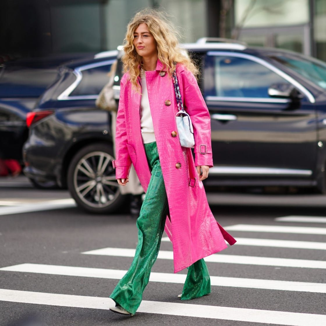 Pink Croc-Embossed Car Coat with Sequin Trousers Pink Croc-Embossed Car Coat with Sequin Trousers — Car Coat Outfits