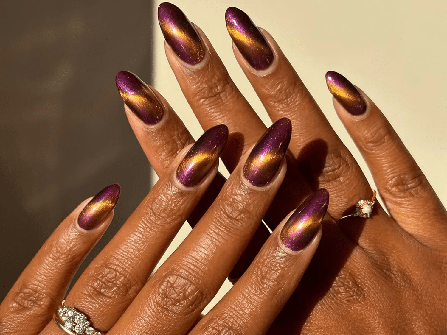 Deep Purple Gold Cat-Eye Stilettos Deep Purple Gold Cat-Eye Stilettos — Winter Nail Colors