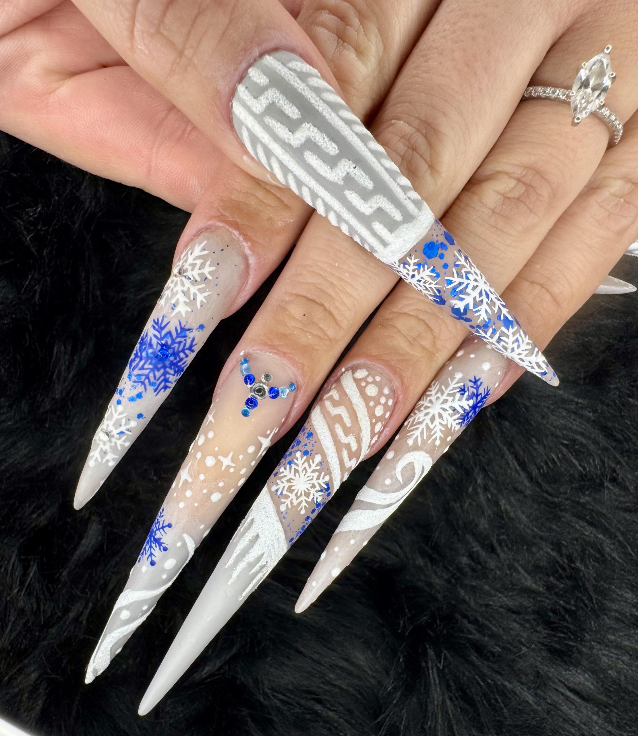 Intricate Clear and White Snowflake Stilettos — Winter Acrylic Nails