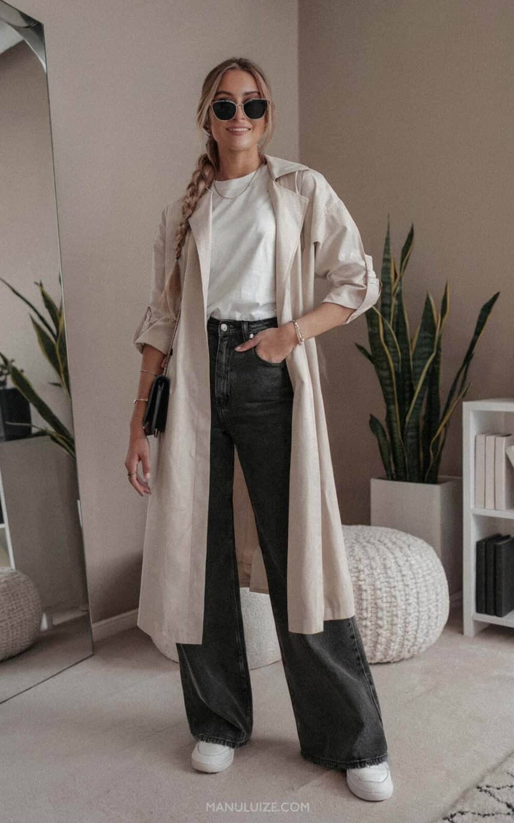 Beige Long Coat with White Tee and Wide-Leg Jeans — Long Coat Outfits