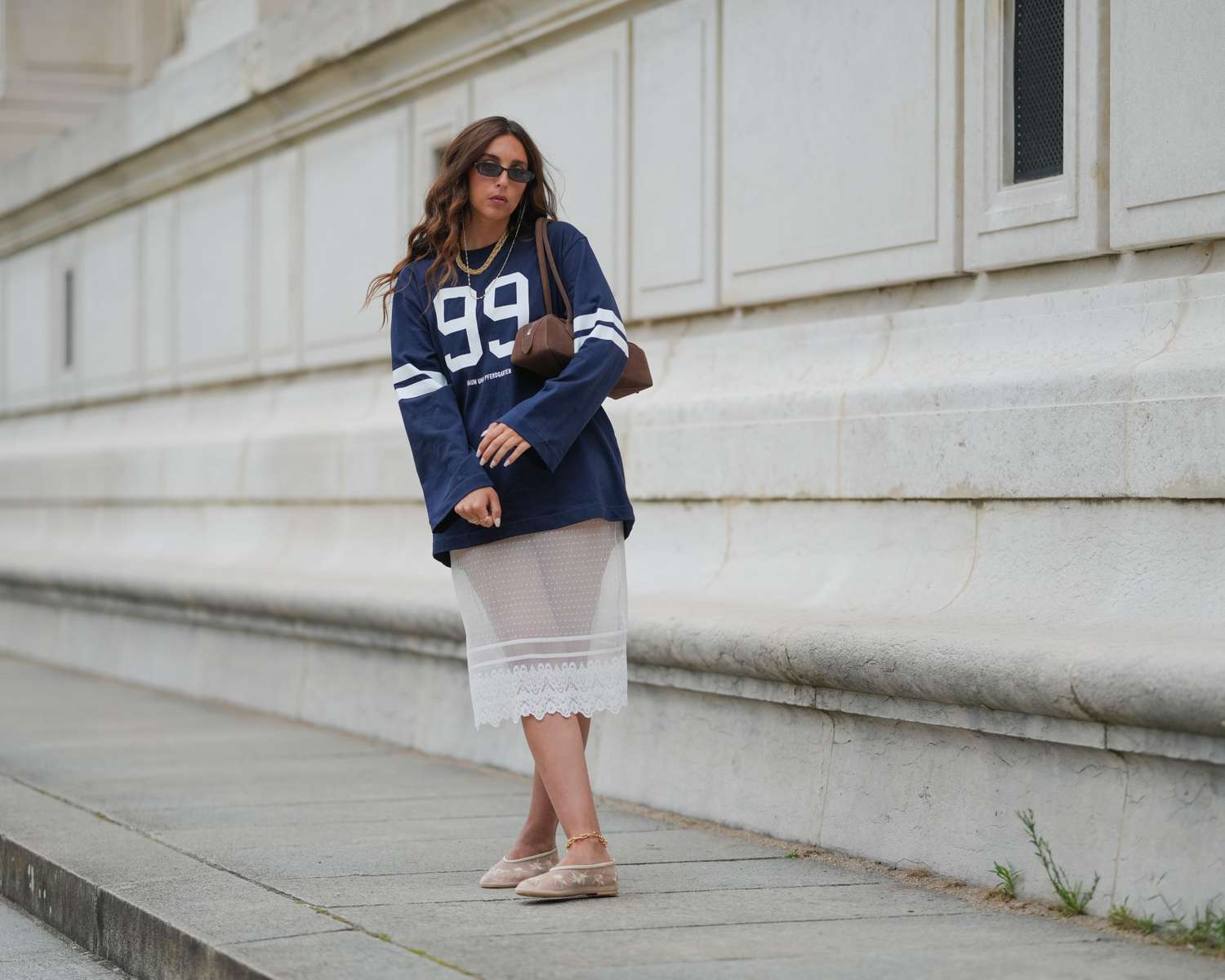 Oversized Jersey Meets Sheer Skirt for a Modern Game Day Look — Cold Weather Game Day Outfits