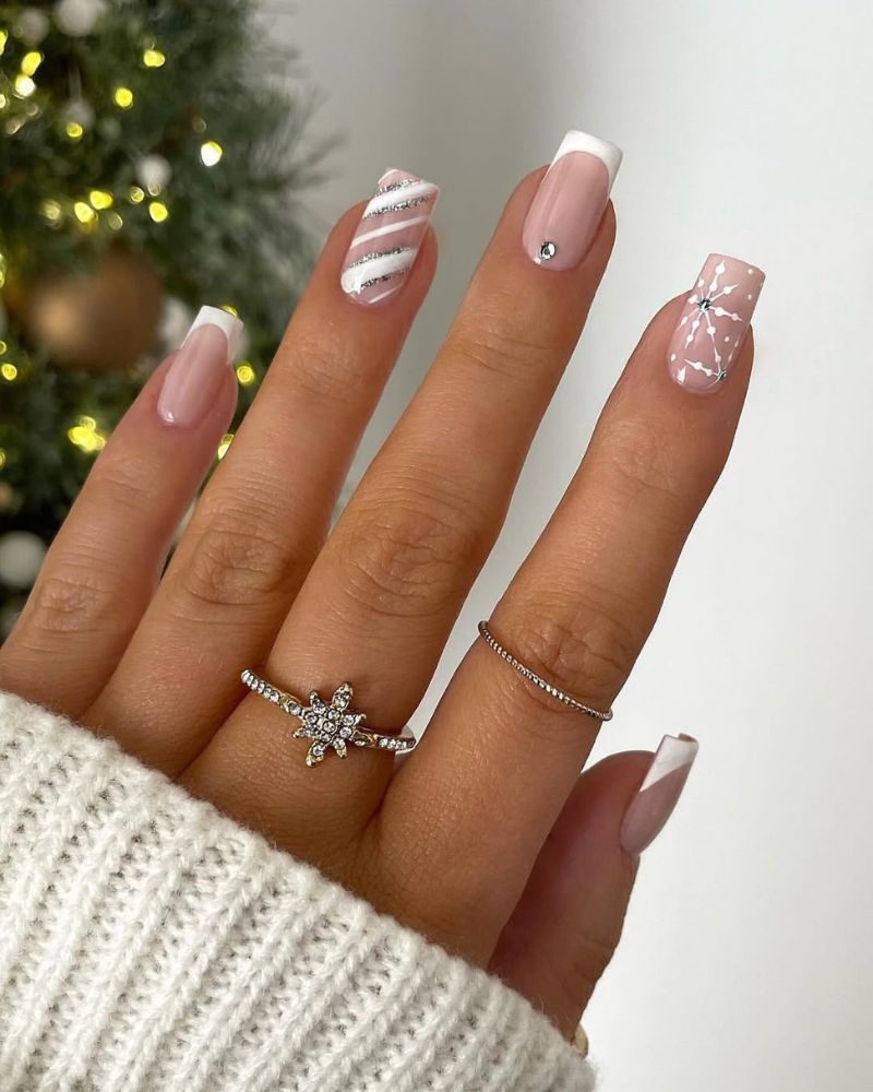 French Tips Snowflakes Stripes Gem Visual Idea — Winter Nail Art
