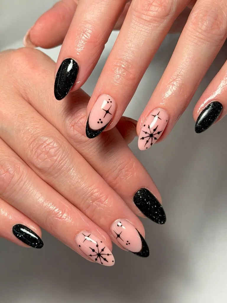 Winter French Tip Almond Nails with Motifs — Winter Black Nails