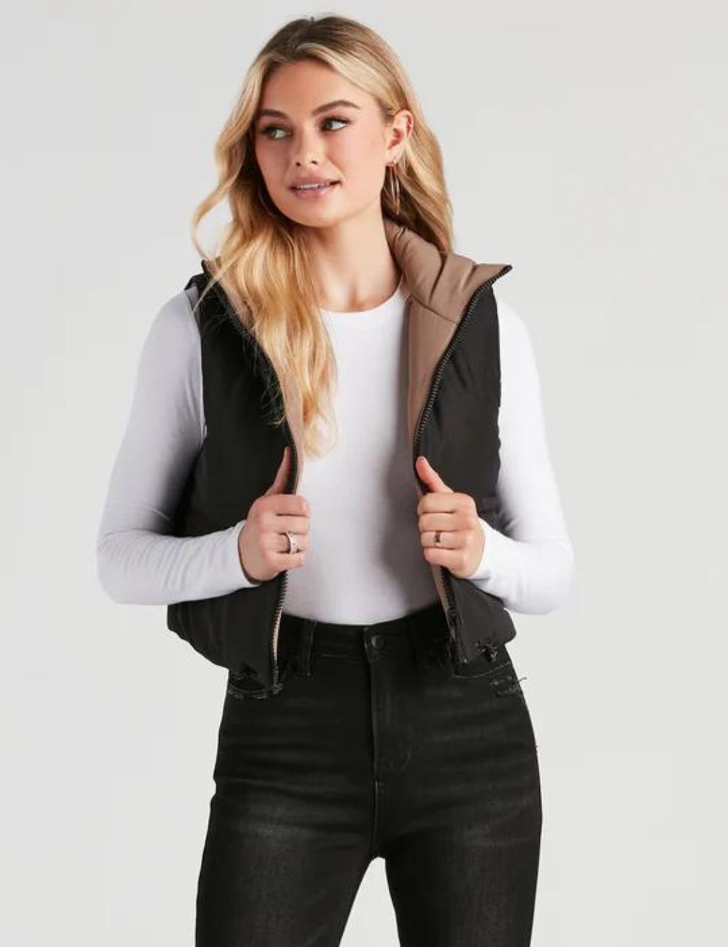 Puffer Vest with Hood Over Long-Sleeve Shirt — Winter Layering Outfits