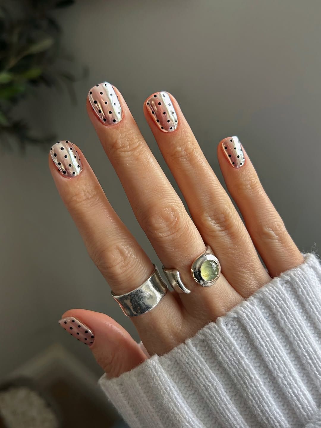 Short Square Metallic Silver with Black Dots — Easy Nail Designs