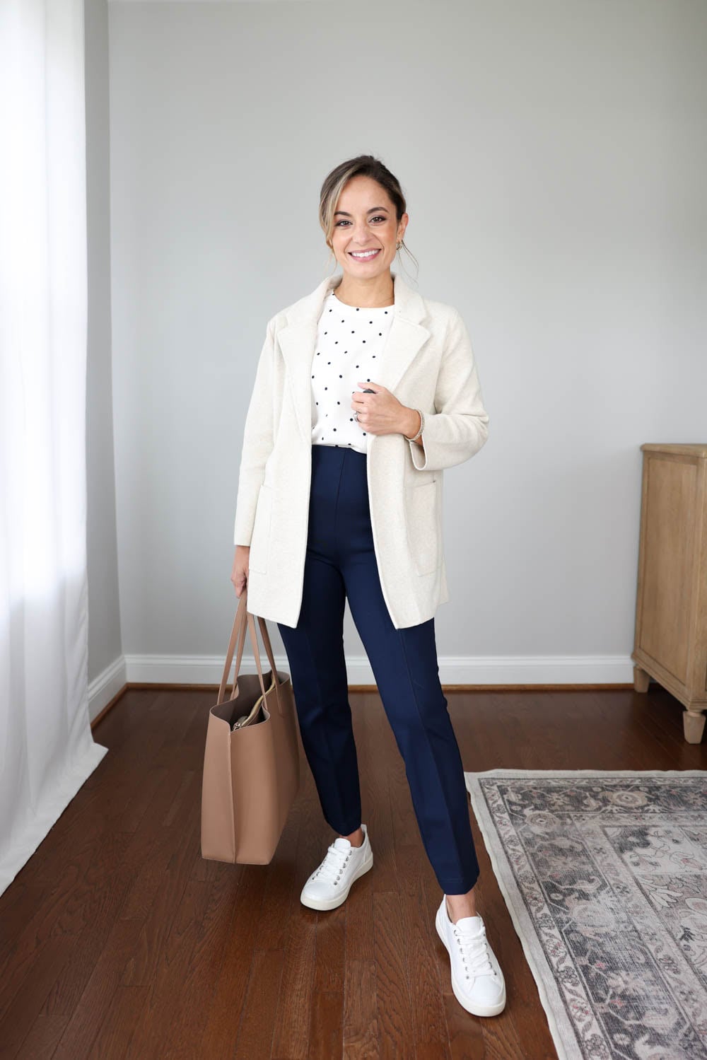 Navy Trousers with Polka Dot Blouse and Cream Blazer — Winter Teacher Outfits