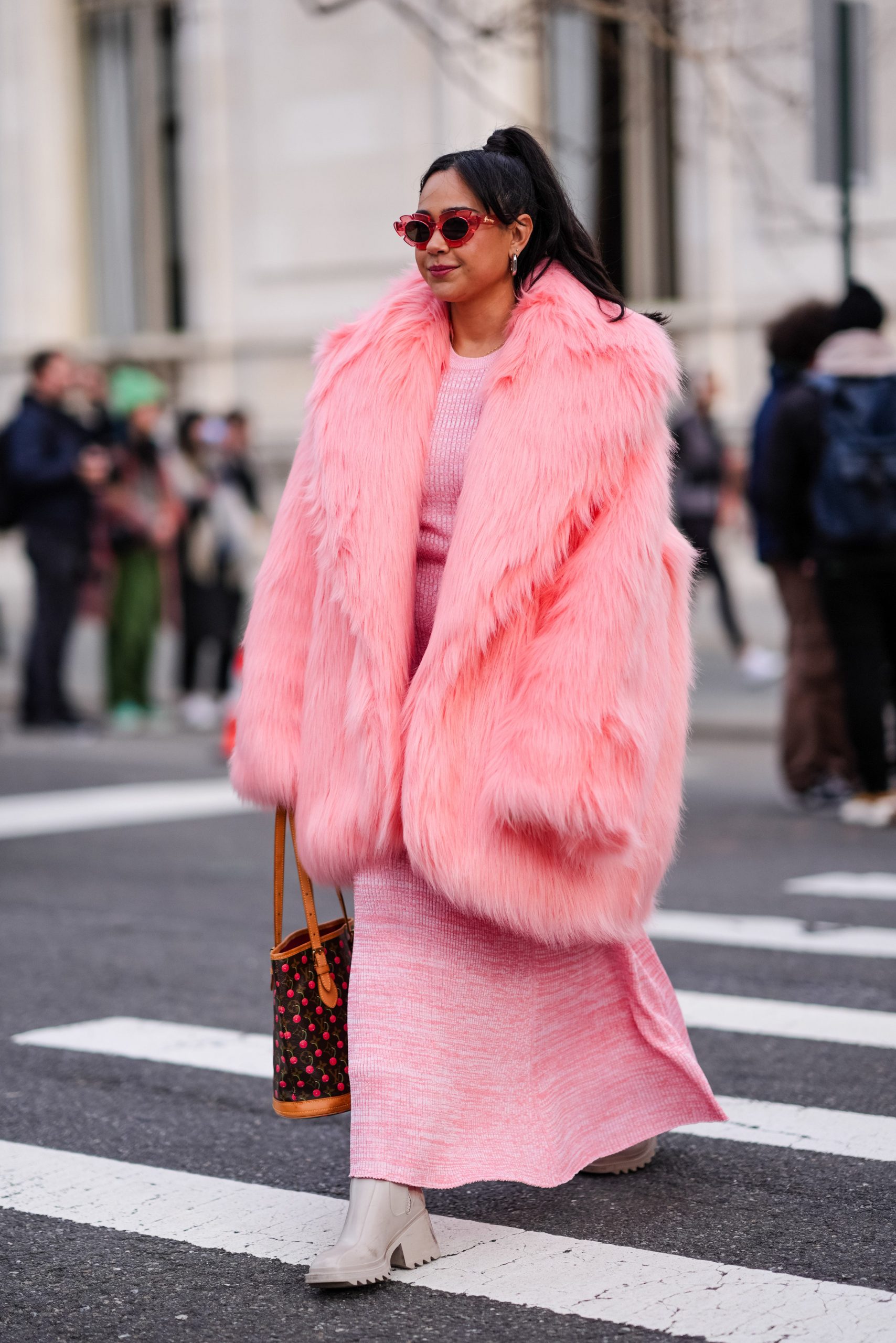 Monochromatic Pink Faux Fur Coat and Dress Ensemble — Faux Fur Coat Outfits