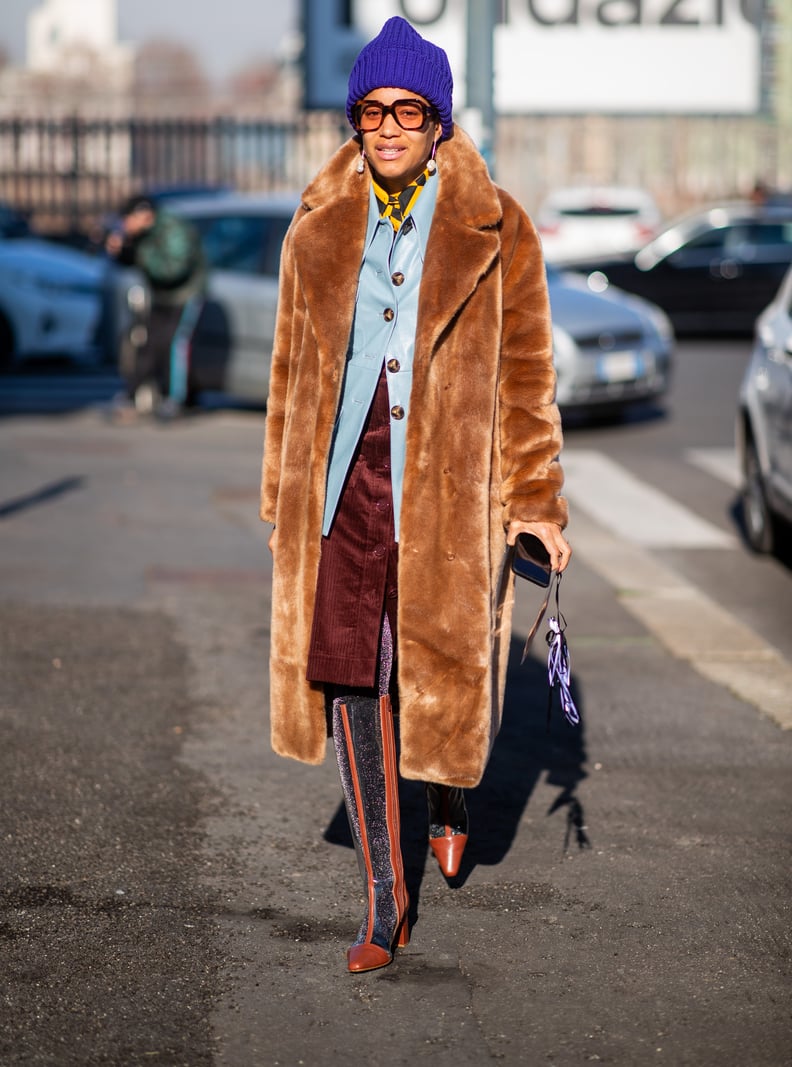 Purple Knit Beanie with Faux Fur Coat and Corduroy Skirt — Beanie Outfits