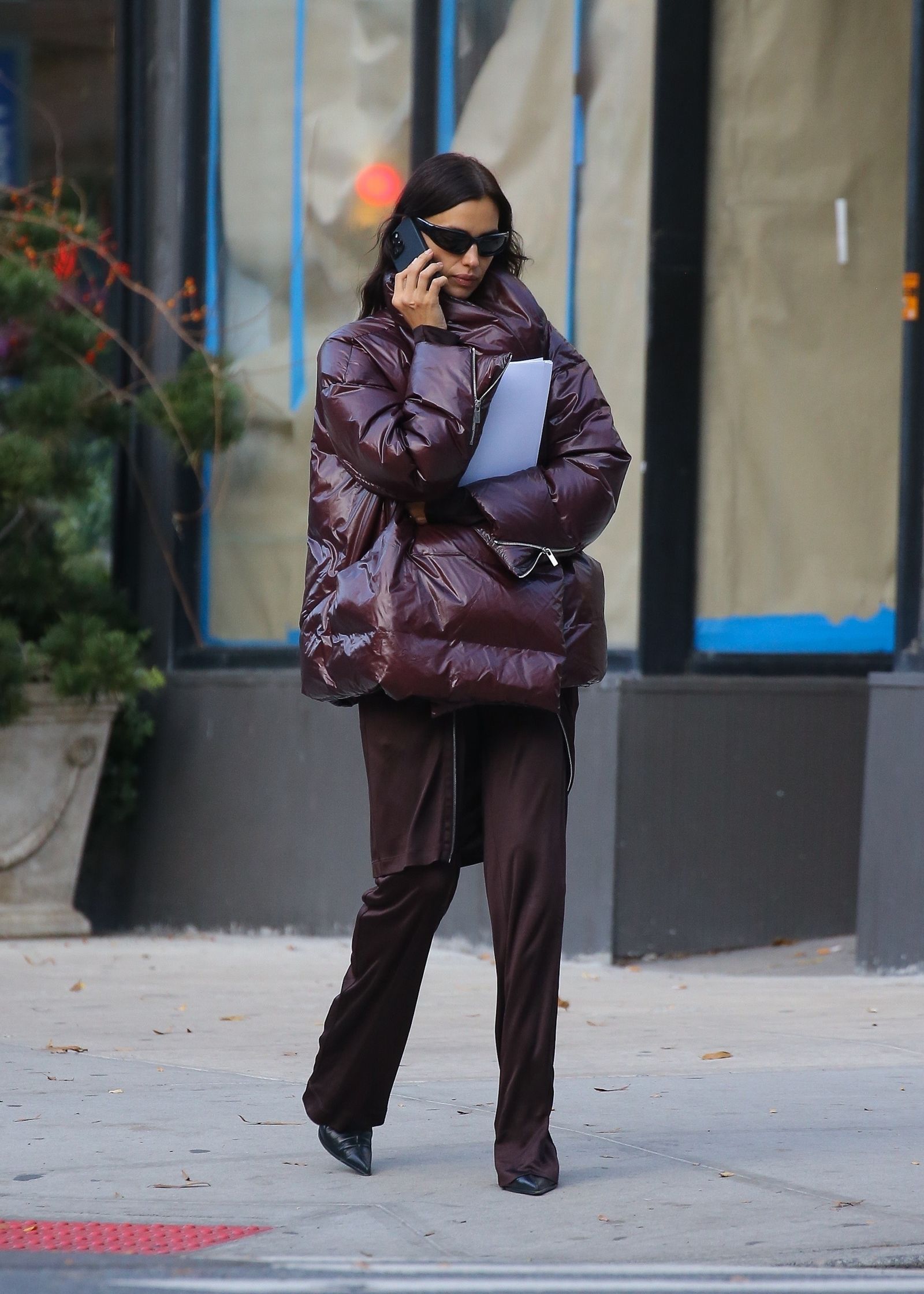 Maroon Puffer Coat with Satin Set — Long Puffer Coat Outfits