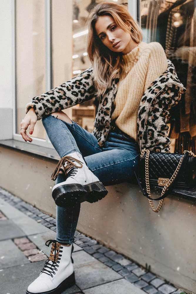 White Combat Boots With a Leopard Print Bomber Jacket — Combat Boots Outfits