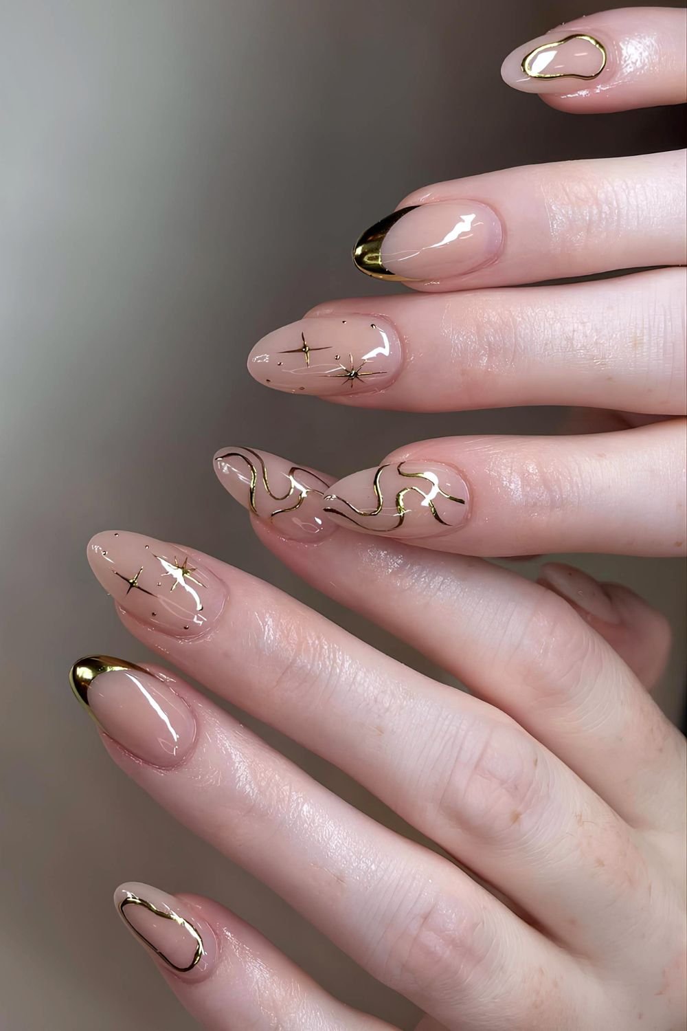 Nude Base with Gold Art and Tips — Neutral Nail Colors