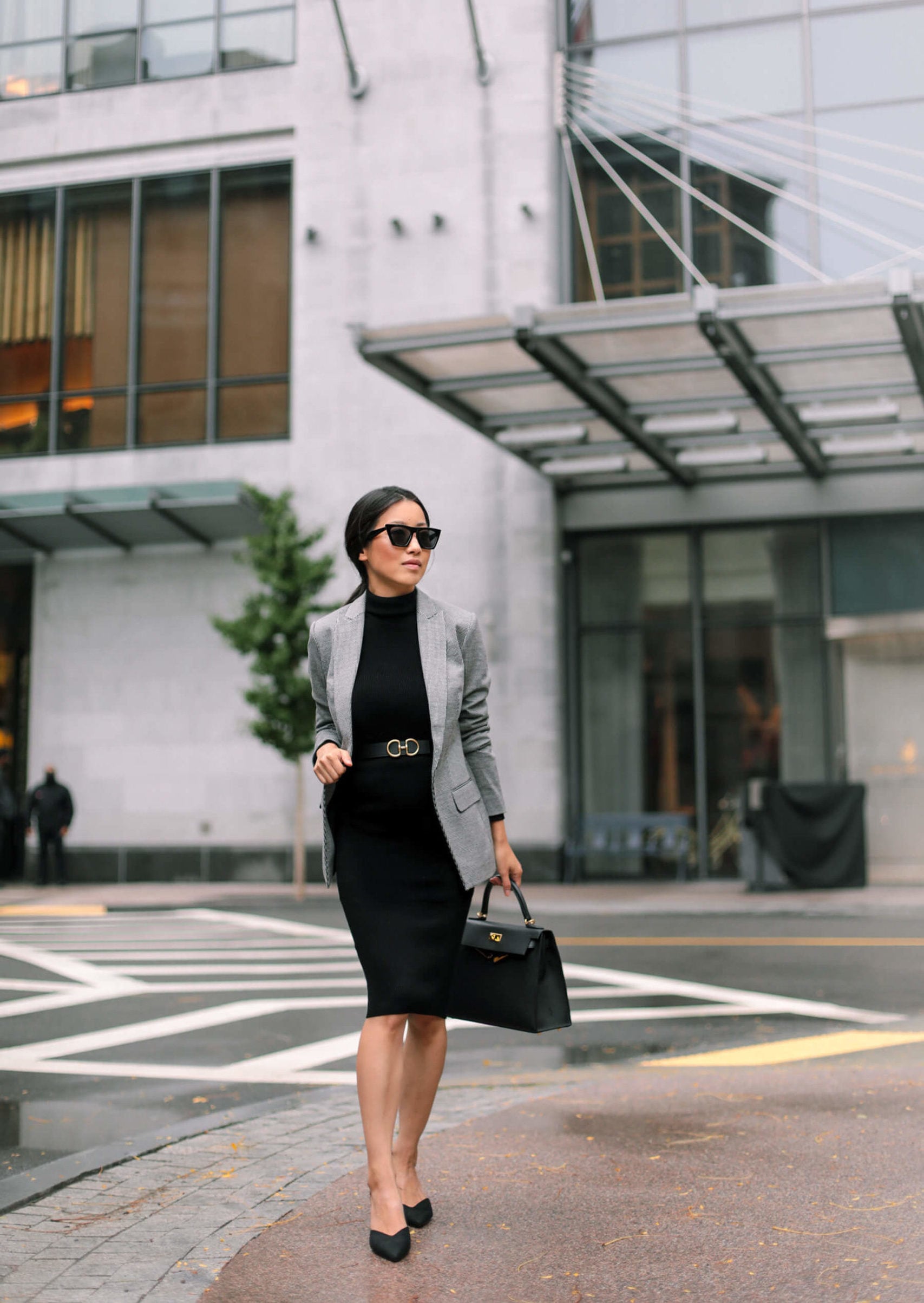 Professional Black Turtleneck Dress with Tailored Blazer — Turtleneck Outfits