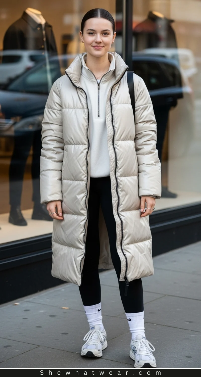 Silver Puffer with Athleisure Layers Silver Puffer with Athleisure Layers — Winter Puffer Jacket Outfits