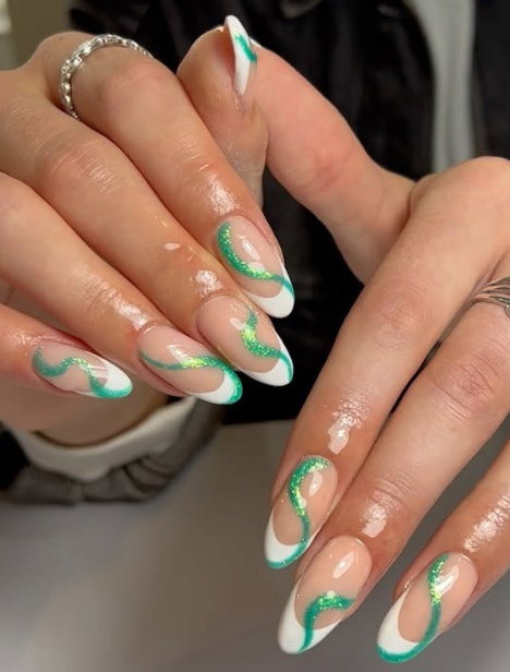 Green Glitter Swirl French Almond Nails Green Glitter Swirl French Almond Nails — Almond Nail Inspo