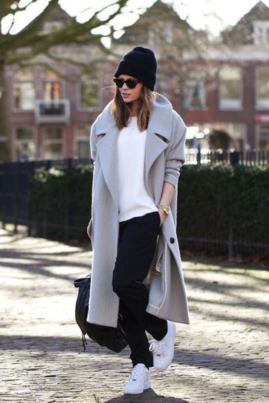 Long Grey Wool Coat Over White Sweater and Black Trousers — Cold Weather Outfits