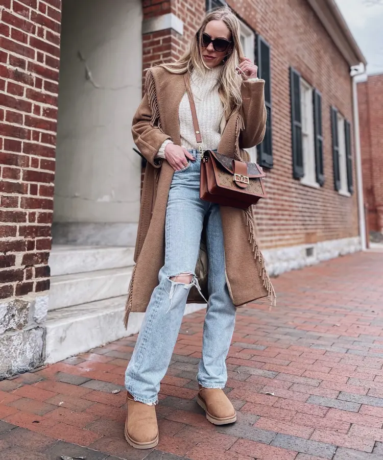 Chic Cold Weather: Uggs with Fringe Coat and Turtleneck — Ugg Boots Outfits