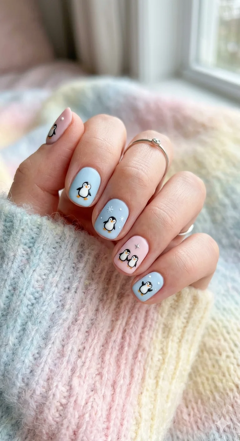Penguin and Pink Simple Nails Penguin and Pink Simple Nails — Winter Nails for Kids