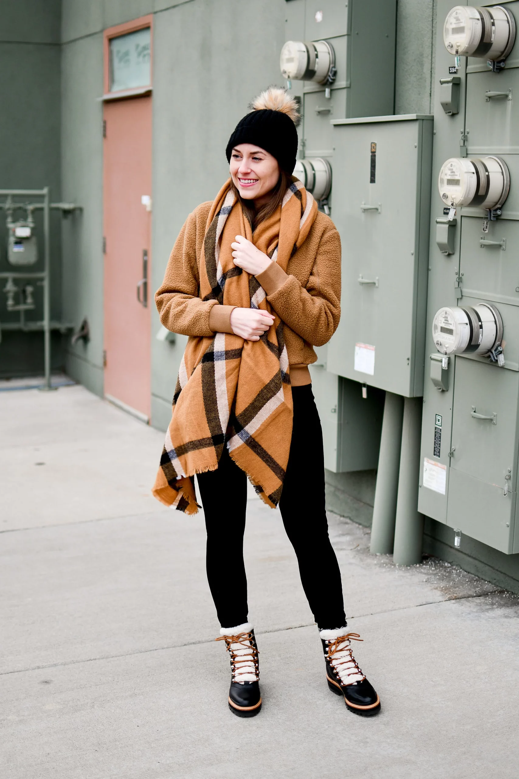 Large Plaid Scarf Enhances Winter Casual Look with Teddy Jacket — Scarf Outfits
