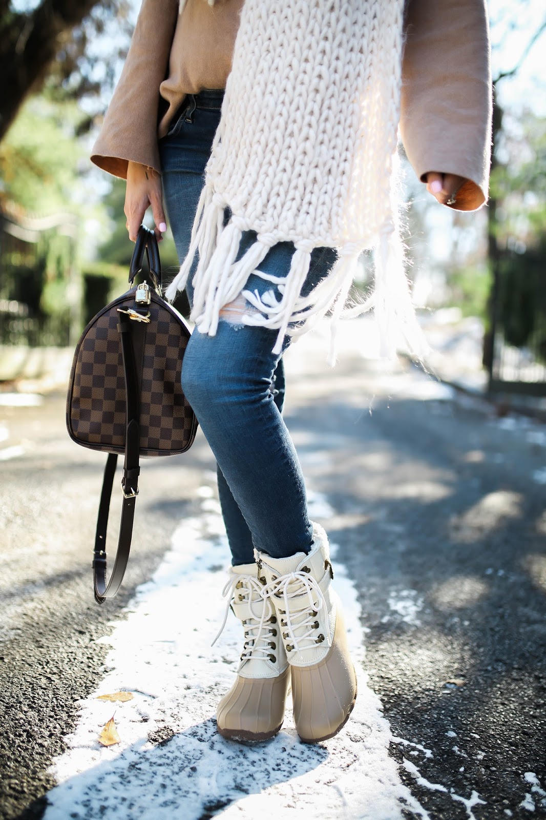 White and Beige Duck Boots with Fur Trim and Ripped Jeans — Snow Boots Outfits