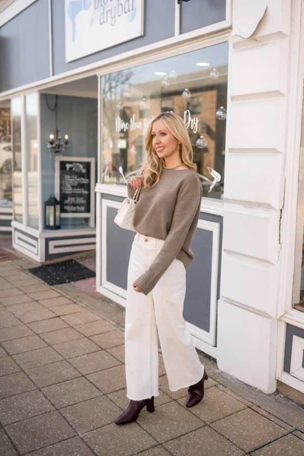 Modern White Wide-Leg Jeans with a Taupe Knit — Winter Outfits with Jeans