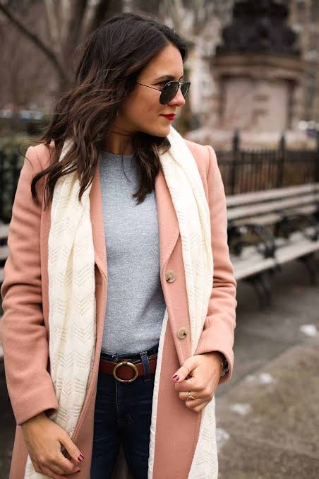 Chic Pink Wool Coat Over Grey Sweater Chic Pink Wool Coat Over Grey Sweater — Colorful Winter Outfits