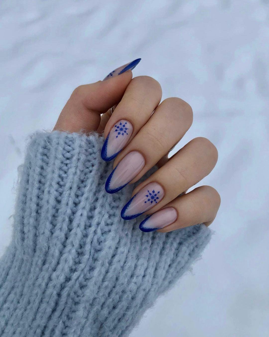 Long Almond Blue French with Snowflakes Long Almond Blue French with Snowflakes — January Nails