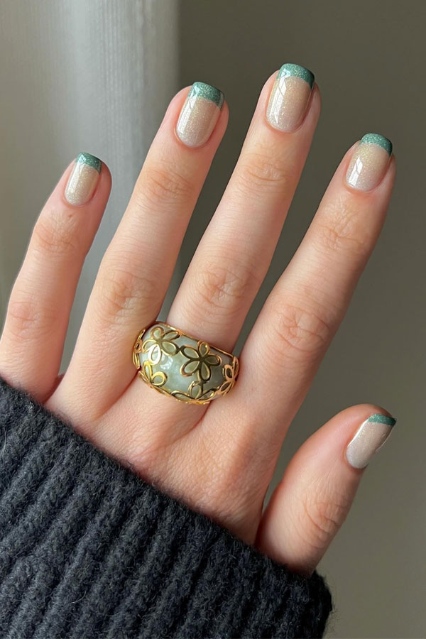 Shimmery Nude with Pale Green Tips Shimmery Nude with Pale Green Tips — Green Nail Designs
