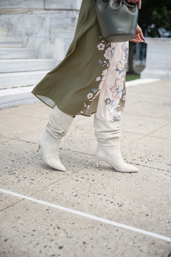 Cream Slouchy Boots with Floral Midi Skirt — Slouchy Boots Outfits