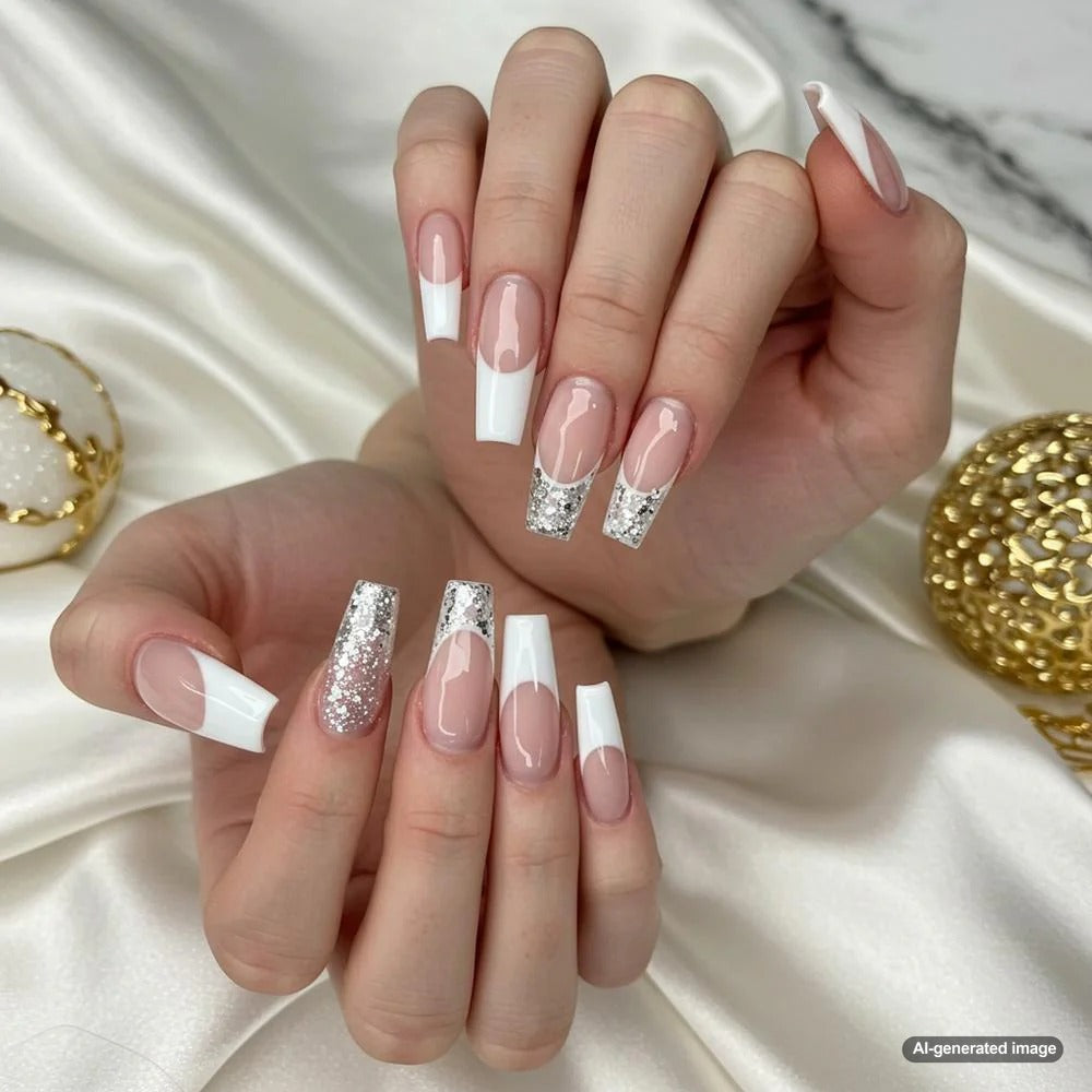 Silver Glitter On Accent Nails Visual Idea — Coffin Nail Designs