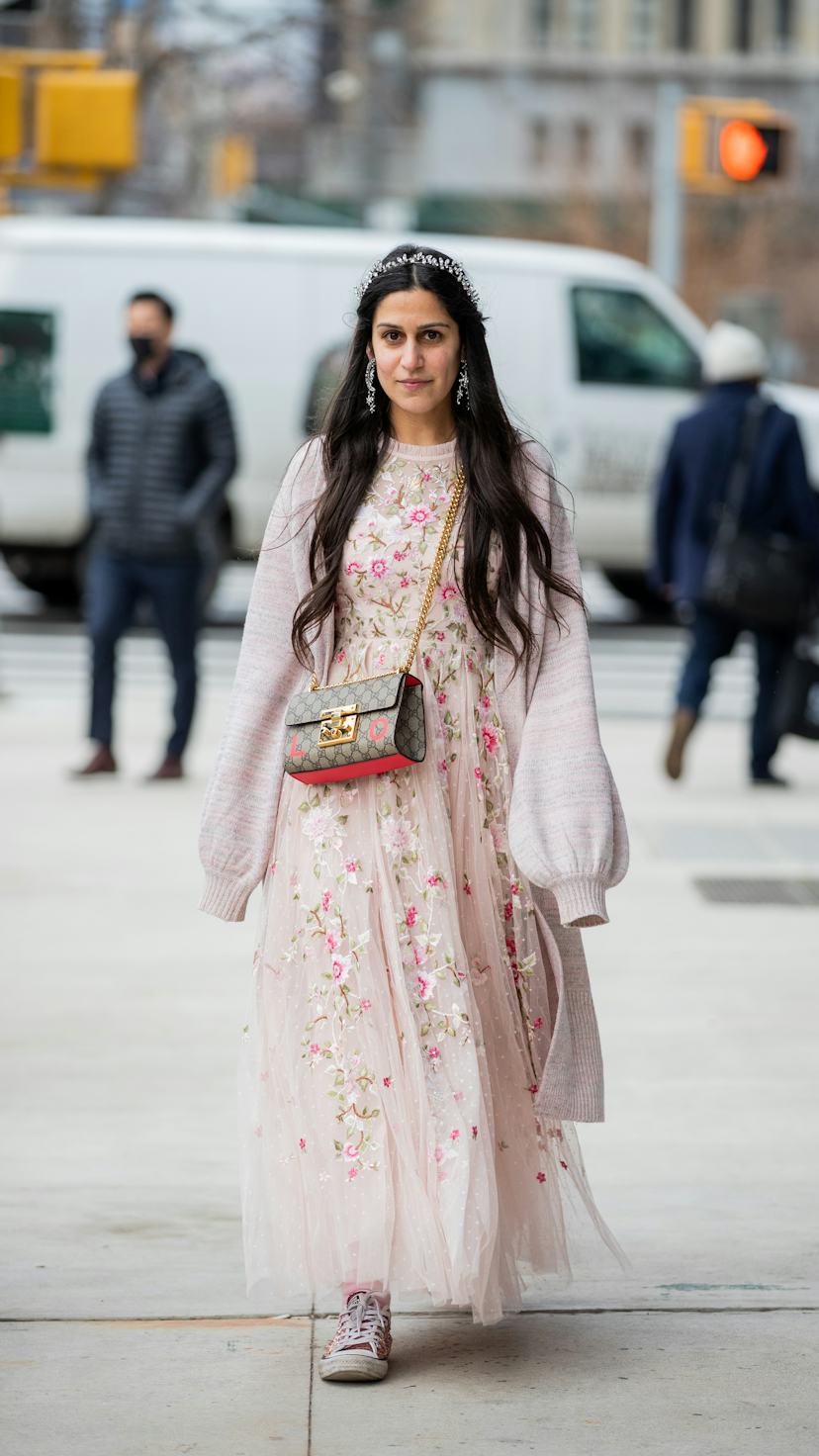 Floral Embroidered Tulle Dress with Pink Cardigan and Sneakers for a Whimsical Look — Dressy Winter Outfits