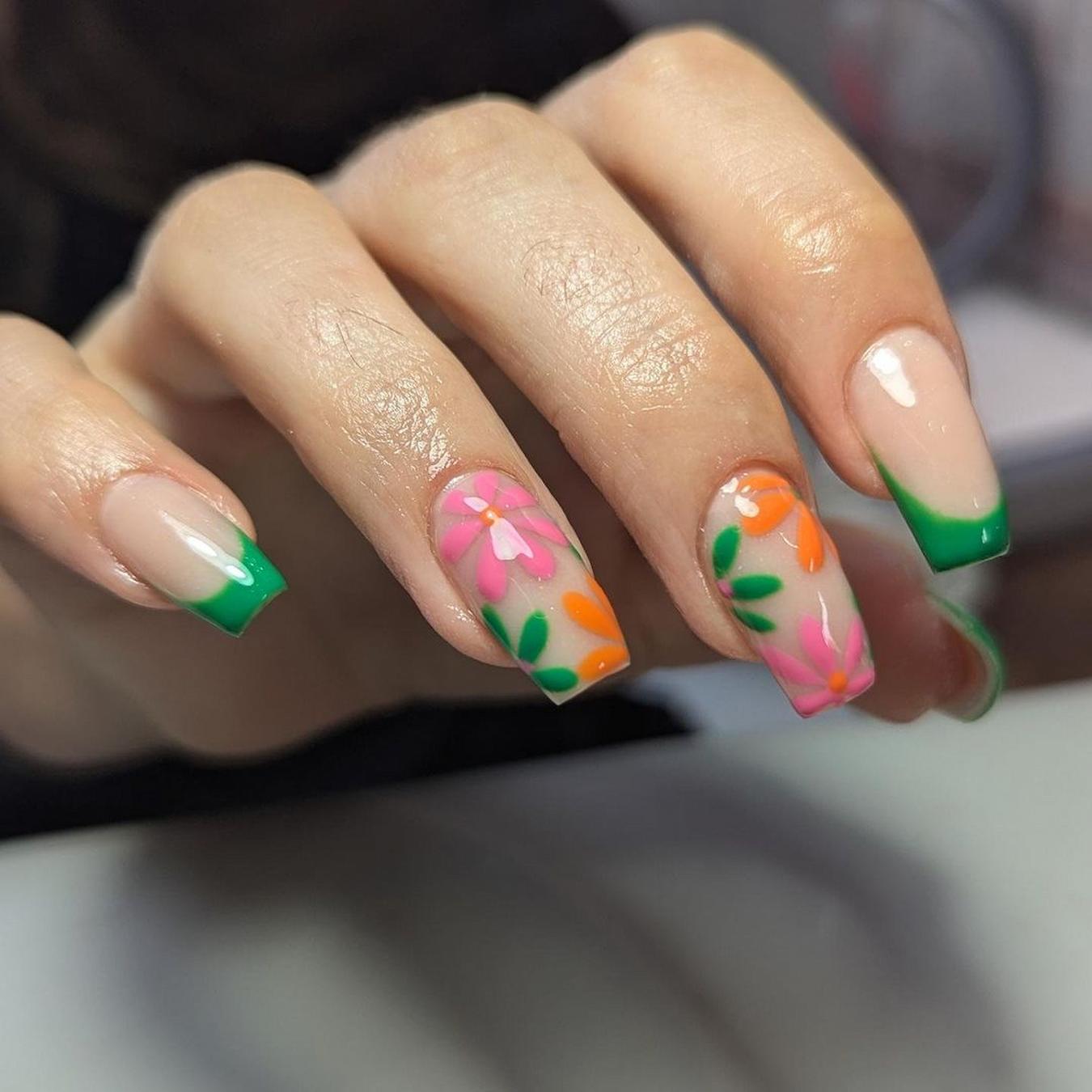 Long Square Floral French Tips — Cute Nail Designs
