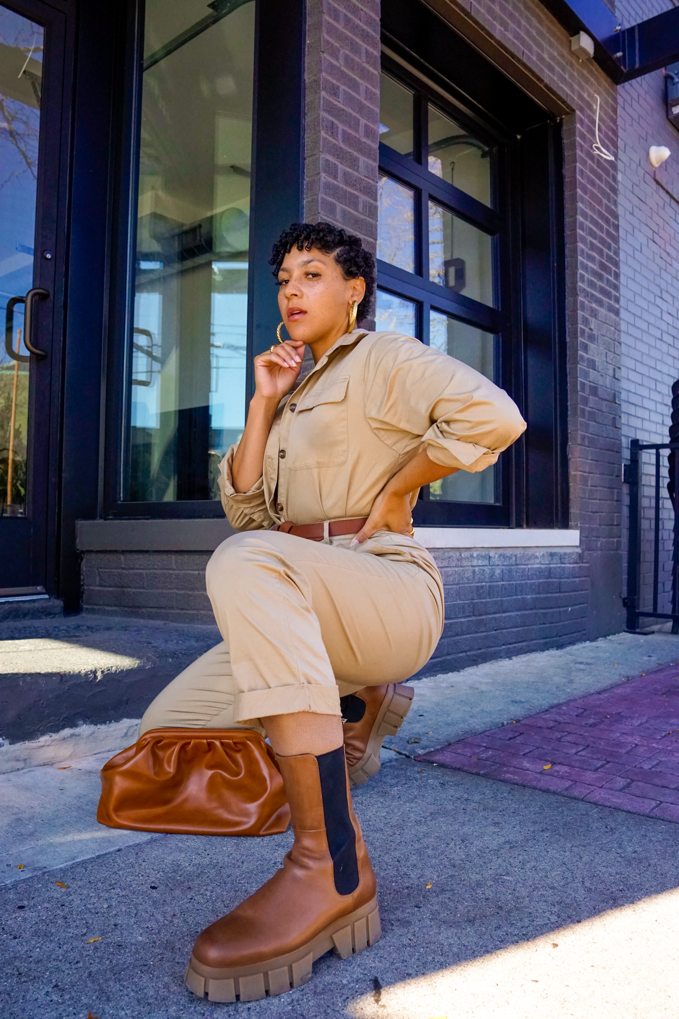 Urban Utility: Brown Lug Sole Boots with Beige Jumpsuit — Brown Boots Outfits
