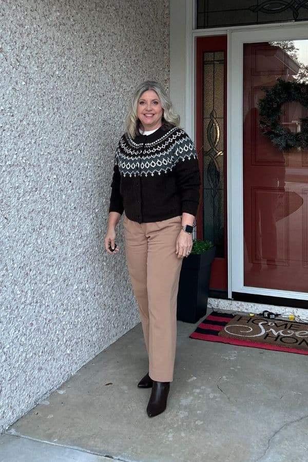 Fair Isle Cardigan with Straight-Leg Trousers for a Cozy Vibe Fair Isle Cardigan with Straight-Leg Trousers for a Cozy Vibe — Casual Winter Outfits for Women Over 50