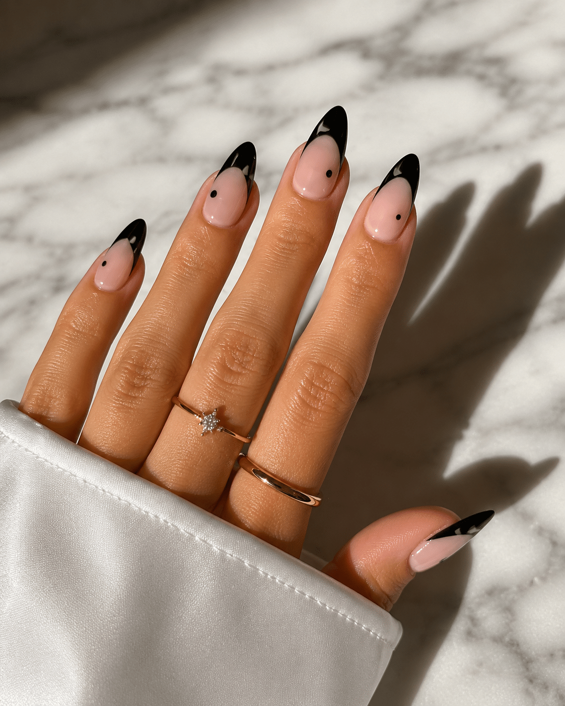 Sheer Nude Black French Dot Almond Nails Sheer Nude Black French Dot Almond Nails — Almond Nail Designs