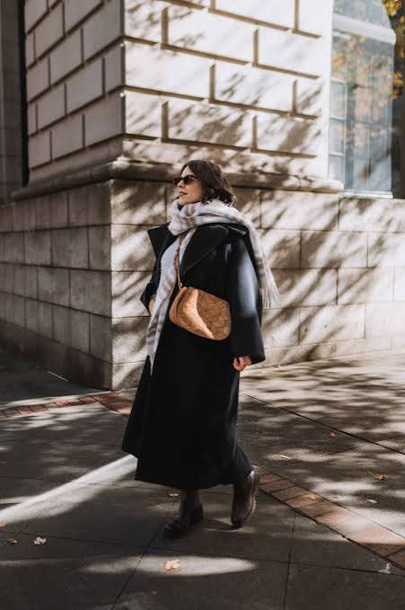 Long Black Wool Coat with a Patterned Scarf and Knit Sweater Long Black Wool Coat with a Patterned Scarf and Knit Sweater — Paris Winter Outfits