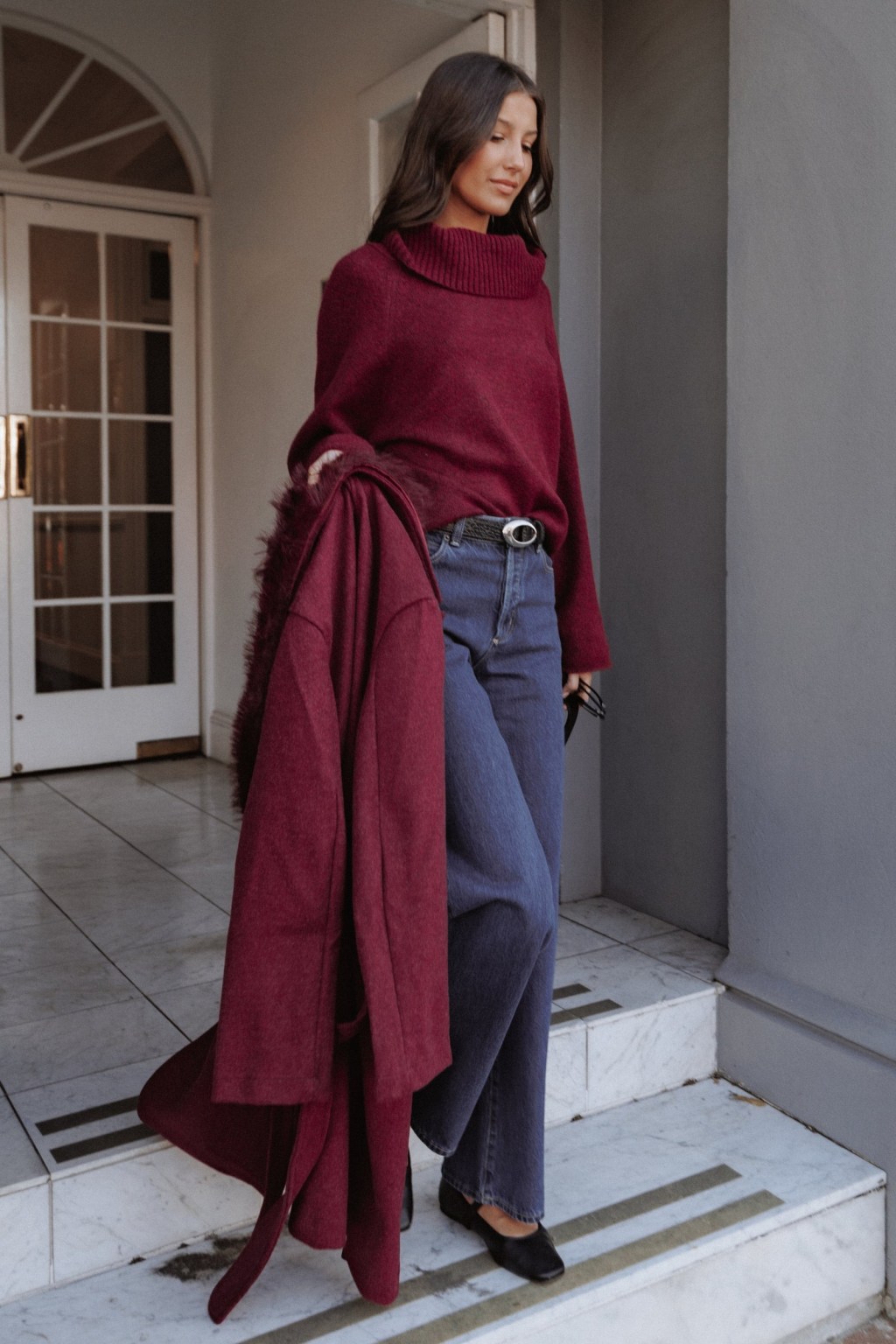 Cozy Burgundy Coat Over Turtleneck and Jeans — Burgundy Outfits