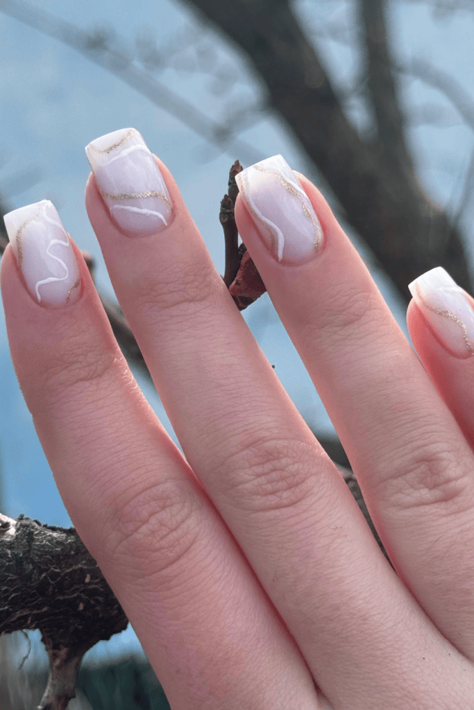White and Gold Abstract Swirl Square Nails — Winter Marble Nails