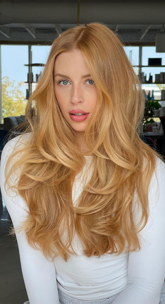 Warm Golden Blonde With Copper Undertones Warm Golden Blonde With Copper Undertones — Winter Hair Colors for Pale Skin
