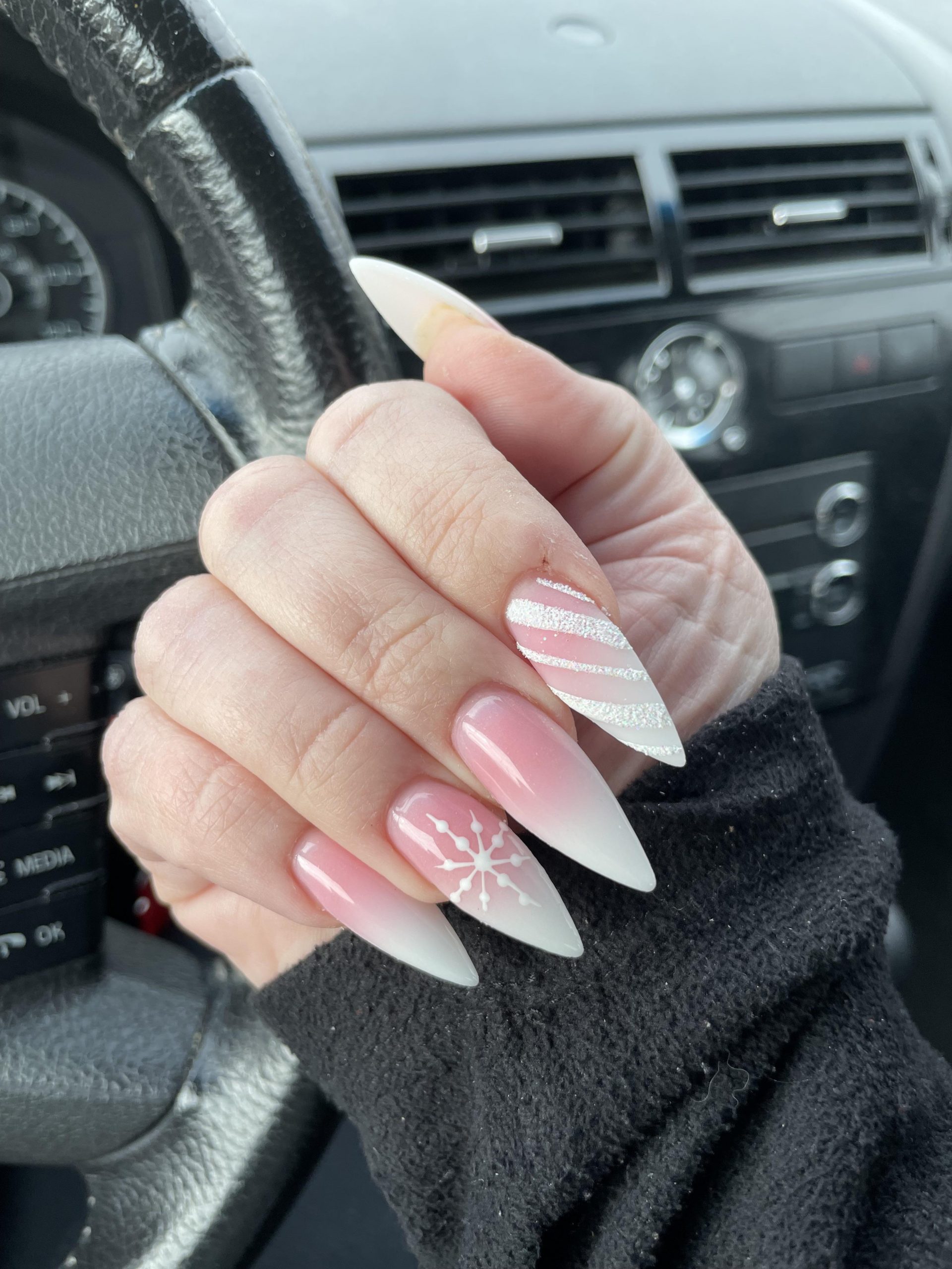 Snowflakes And Candy Cane Stripes Visual Idea — Winter Stiletto Nails