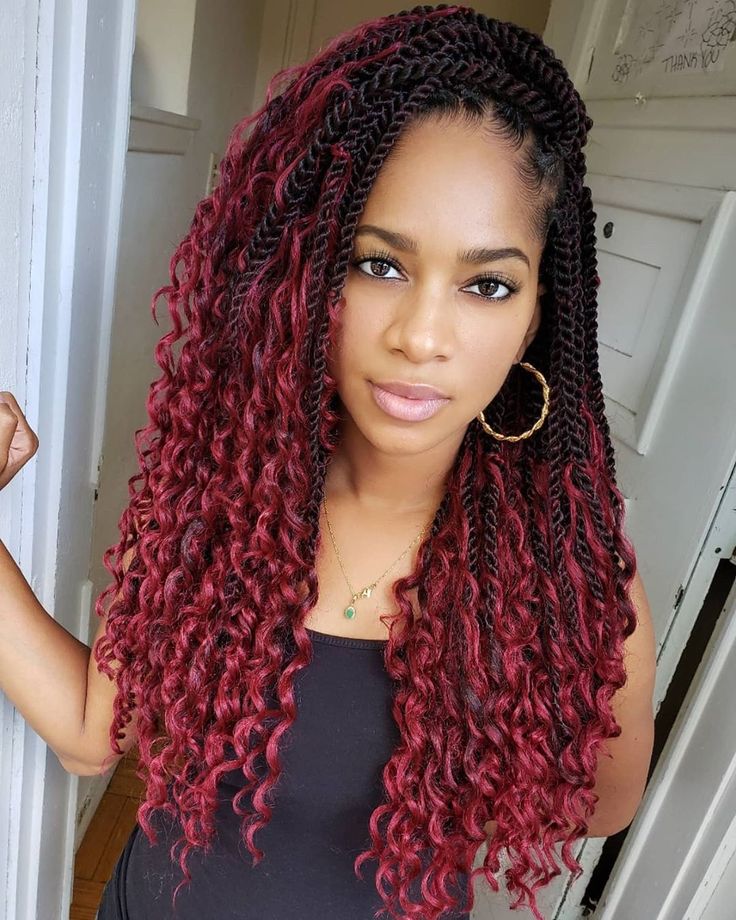 Dark Red and Black Twists With Curly Ends Dark Red and Black Twists With Curly Ends — Winter Protective Hairstyles