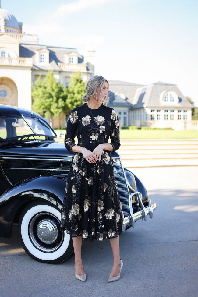 Black Sequin Midi Dress with Gold Floral Pattern Black Sequin Midi Dress with Gold Floral Pattern — Winter Church Outfits
