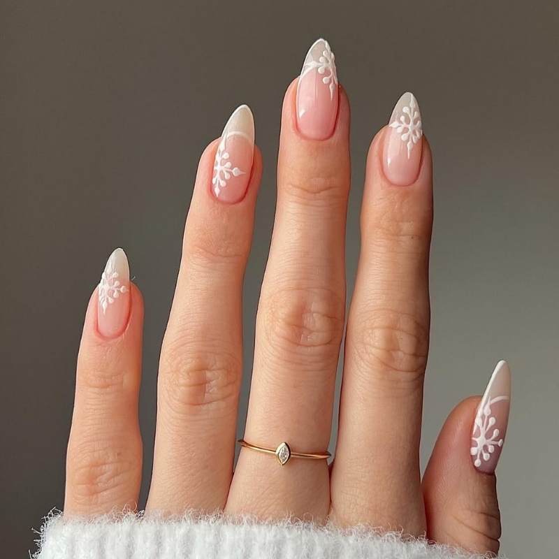 Snowflake Art Sheer Pink Almonds — Winter Almond Nails