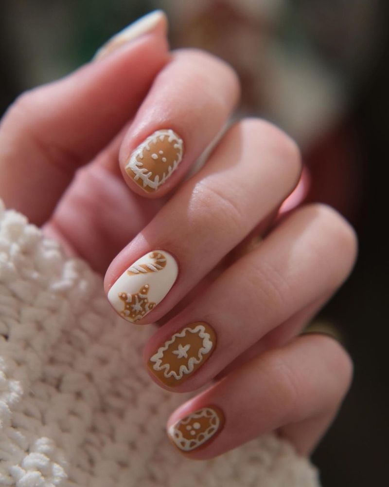 Matte Gingerbread Man Line Art Nails Matte Gingerbread Man Line Art Nails — Winter Nails for Kids
