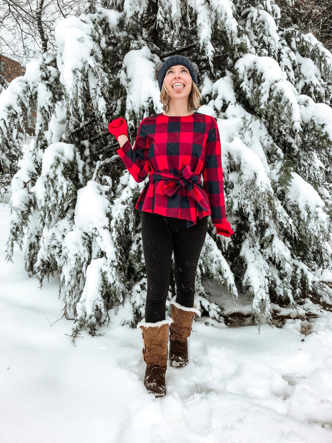 Plaid Peplum Top with Fur-Lined Boots for a Festive Snow Day — Snow Day Outfits
