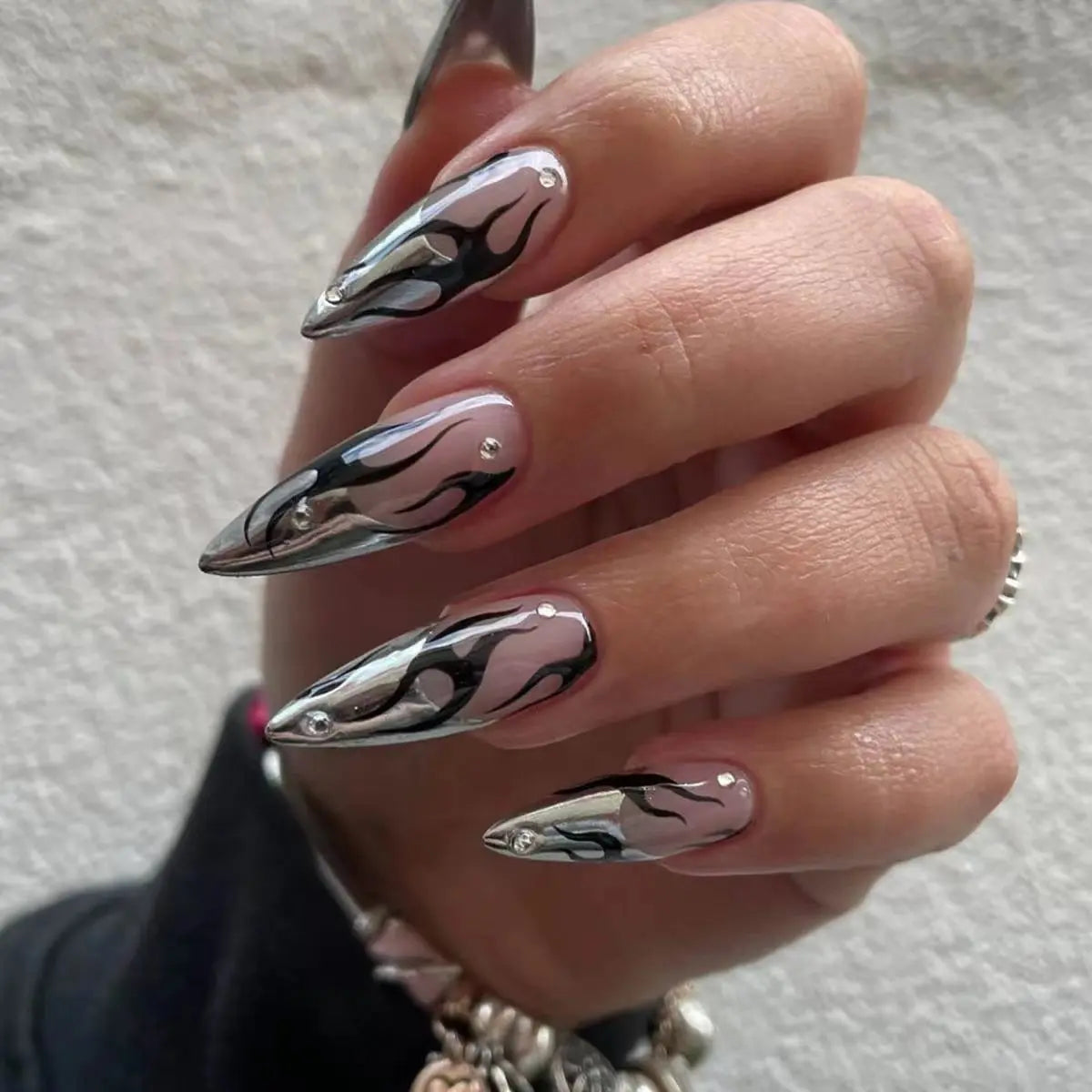 Black Outlined Chrome Flames — Chrome Nail Designs