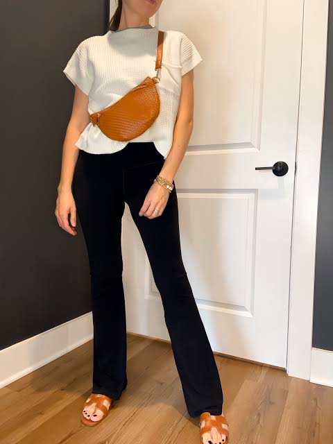 Textural Play: Ribbed Knit and Linen-Like Fabrics — Flare Leggings Outfits