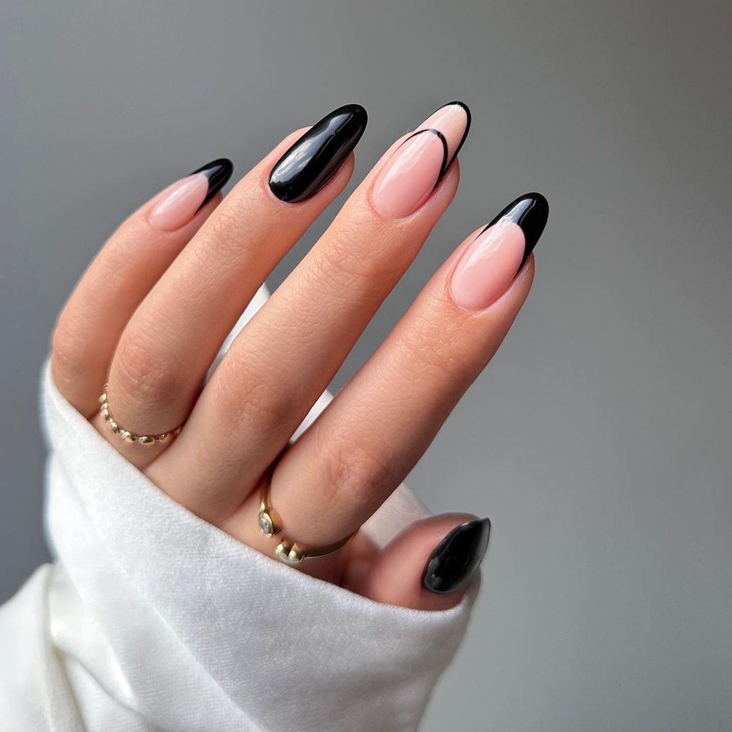 Black French Tip Sheer Pink Almond Nails Black French Tip Sheer Pink Almond Nails — Medium Length Winter Nails
