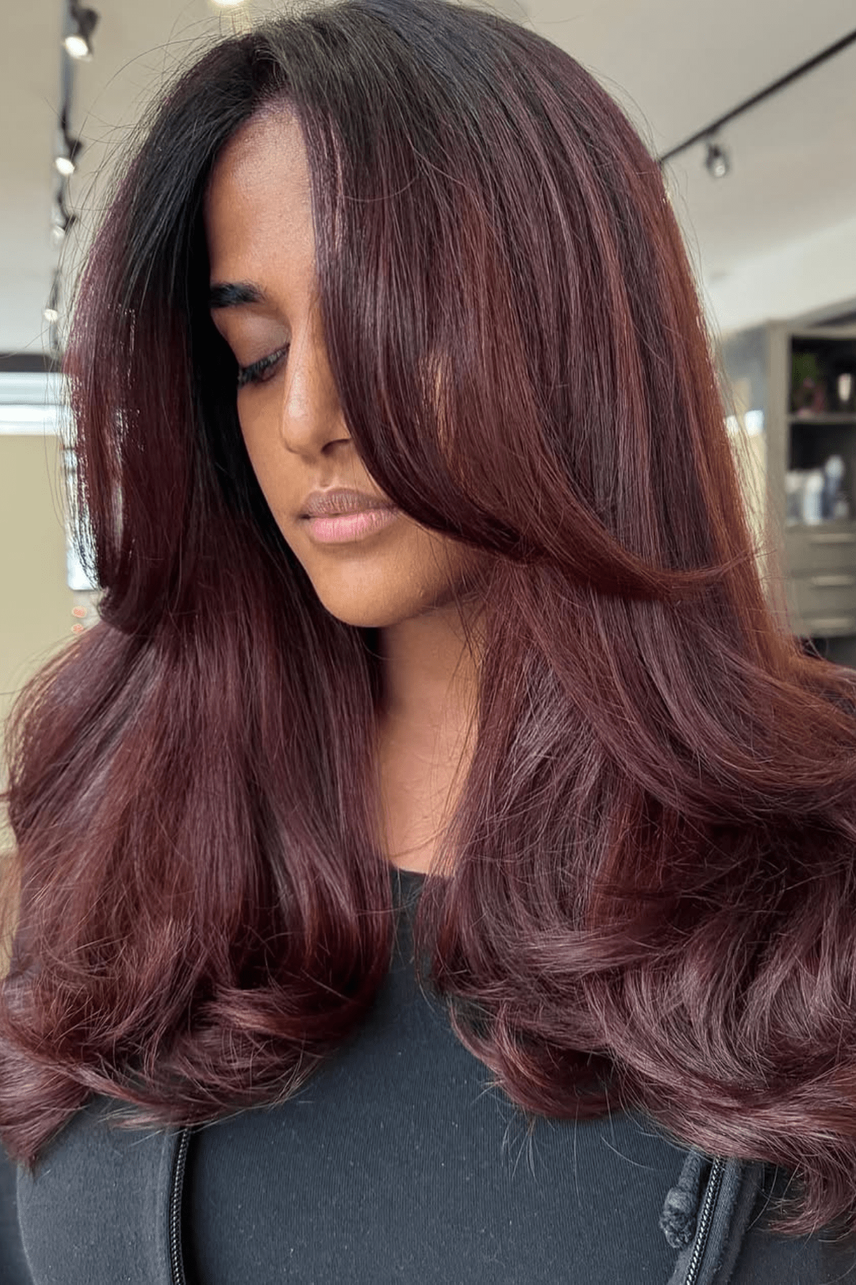 Deep Cherry Red Blowout Deep Cherry Red Blowout — Winter Hair Colors for Olive Skin
