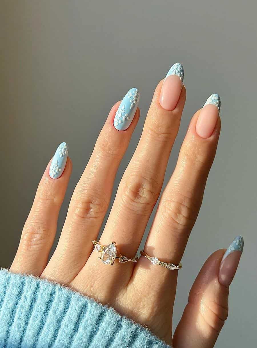 3D Snowflake French Tip Almond Nails 3D Snowflake French Tip Almond Nails — Icy Blue Nails